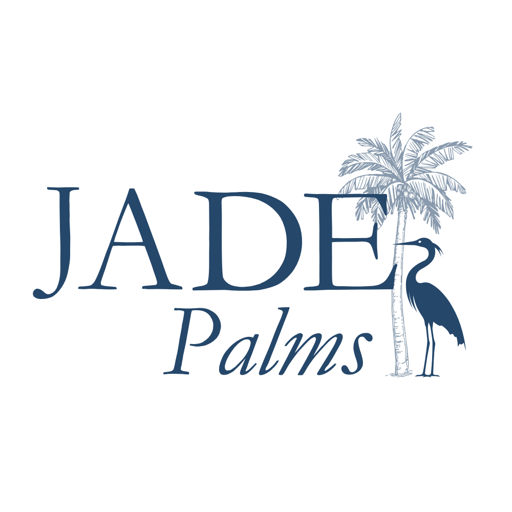 A logo with a palm tree and a bird with the words "Jade Palms" written in cursive.